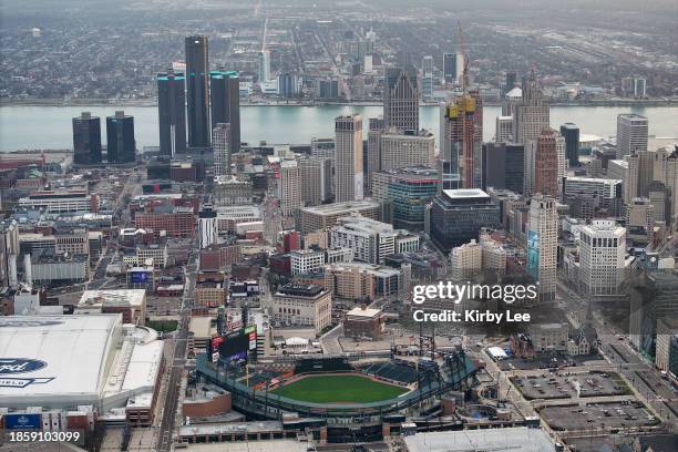 General overall aerial view of Comerica Park baseball stadium and downtown skylineon December 07, 2023 in Detroit, Michigan.