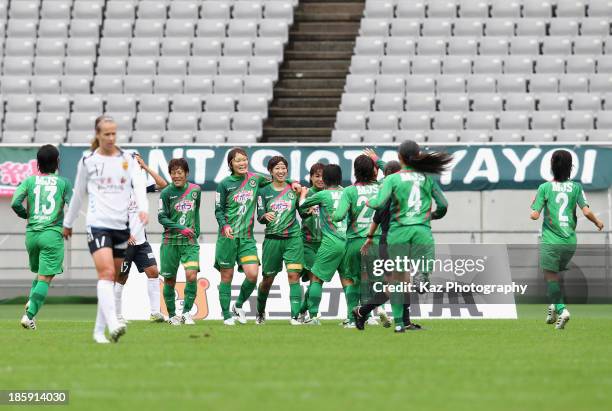 Nanase Kiryu of NTV Beleza celebrates scoring her team's first goal with her team mates during the Nadeshiko League match between NTV Beleza and INAC...