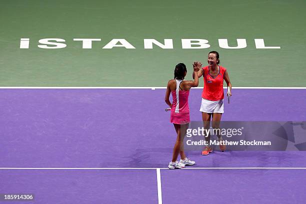 Hsieh Su-Wei of Chinese Taipei and Peng Shuai of China celebrate their win over Nadia Petrova of Russia and Katarina Srebotnik of Slovenia during the...
