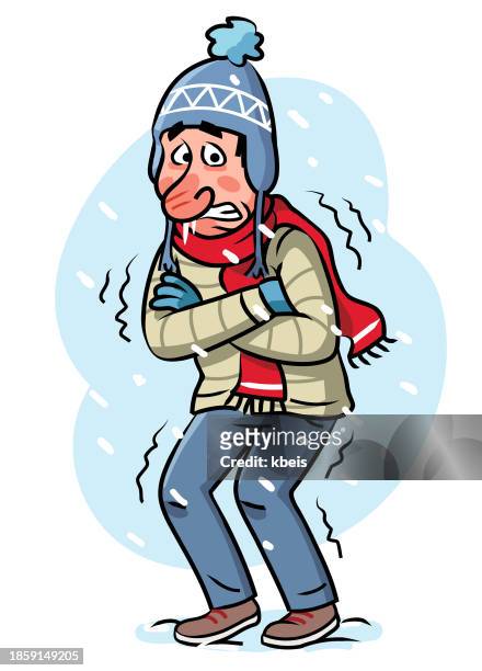 illustrazioni stock, clip art, cartoni animati e icone di tendenza di uomo che trema nel freddo inverno - giacca