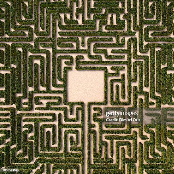 aerial view of hedge maze with path to centre - maze stock pictures, royalty-free photos & images