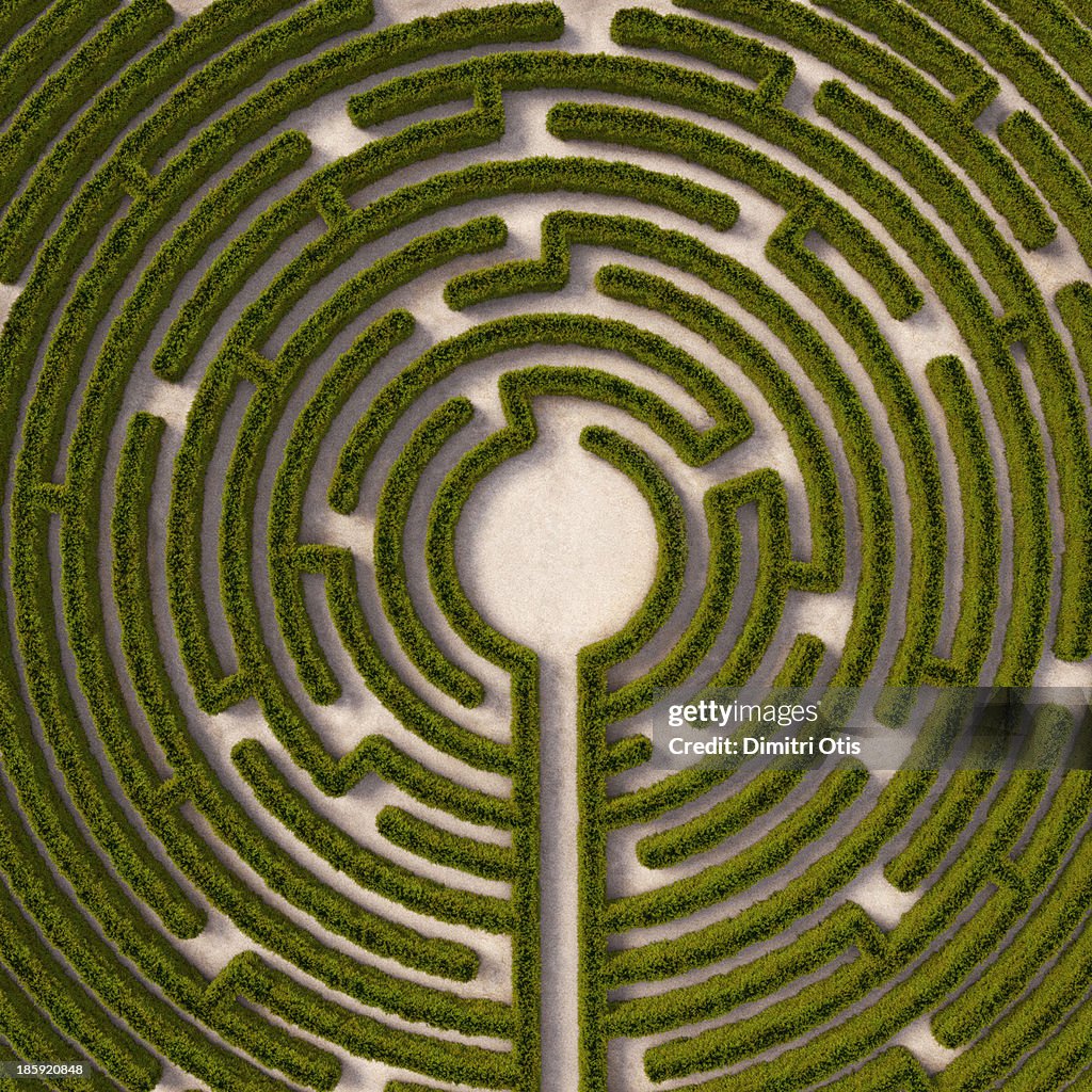 Aerial view of circular hedge maze, path to centre
