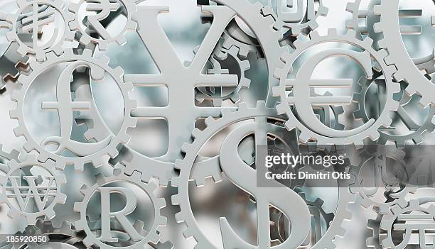 silver currency symbol cogs horizontal - cambio valuta foto e immagini stock