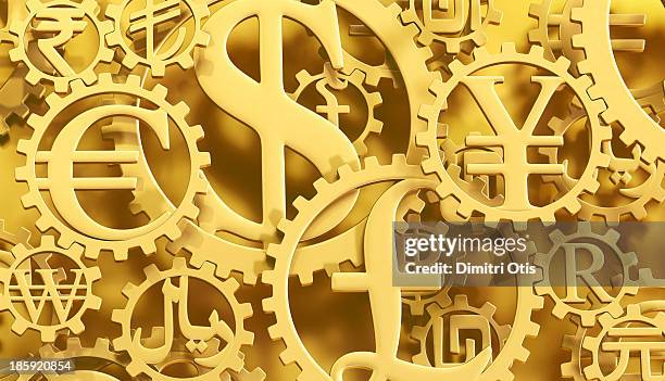 gold currency symbol cogs horizontal - símbolo monetário imagens e fotografias de stock