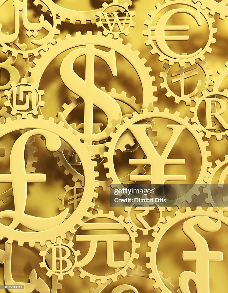 Gold currency symbol cogs vertical