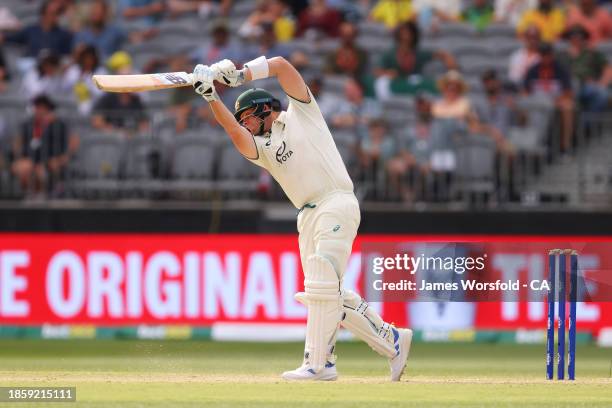 Steve Smith of Australia plays his shot during day three of the Men's First Test match between Australia and Pakistan at Optus Stadium on December...