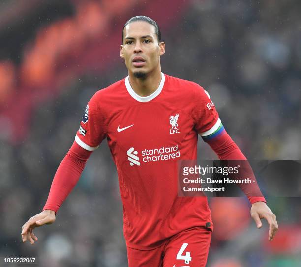 Liverpool's Virgil van Dijk during the Premier League match between Liverpool FC and Fulham FC at Anfield on December 3, 2023 in Liverpool, England.