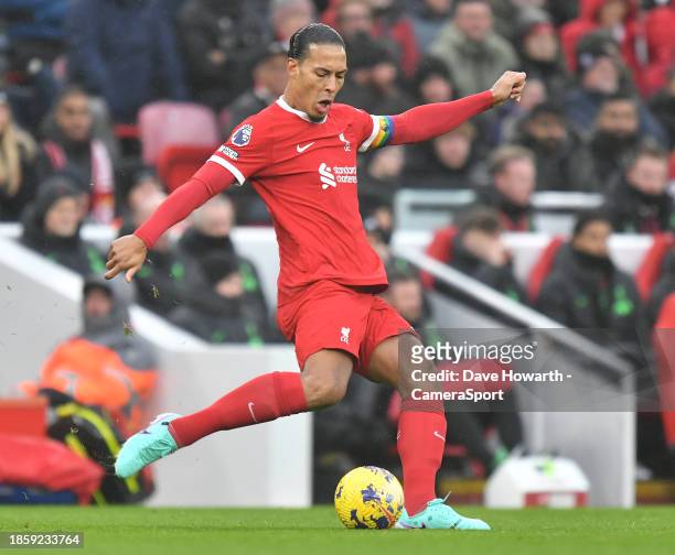 Liverpool's Virgil van Dijk during the Premier League match between Liverpool FC and Fulham FC at Anfield on December 3, 2023 in Liverpool, England.