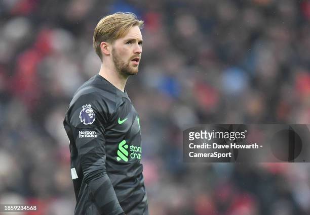 Liverpool's Caoimhin Kelleher during the Premier League match between Liverpool FC and Fulham FC at Anfield on December 3, 2023 in Liverpool, England.