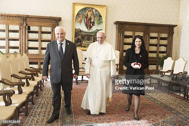 Pope Francis meets with President Ricardo Alberto Martinelli Berrocal of Panama and his wife, Marta Linares de Martinelli, in a private audience at...