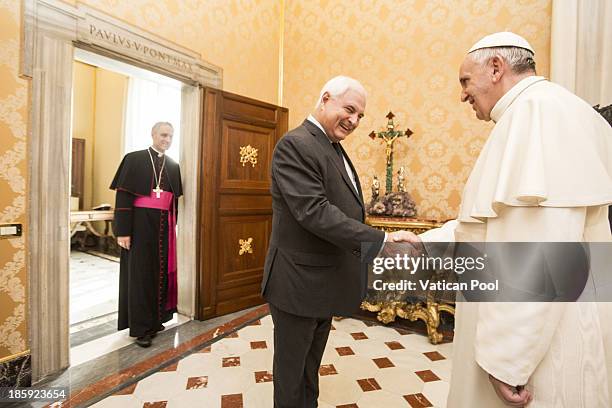 Pope Francis meets with President Ricardo Alberto Martinelli Berrocal of Panama in a private audience at his studio on October 26, 2013 in Vatican...