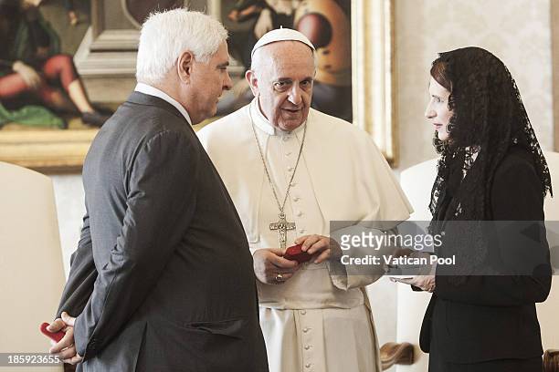Pope Francis meets with President Ricardo Alberto Martinelli Berrocal of Panama and his wife, Marta Linares de Martinelli, in a private audience at...