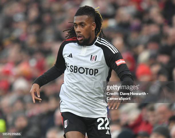 Fulham's Alex Iwobi during the Premier League match between Liverpool FC and Fulham FC at Anfield on December 3, 2023 in Liverpool, England.