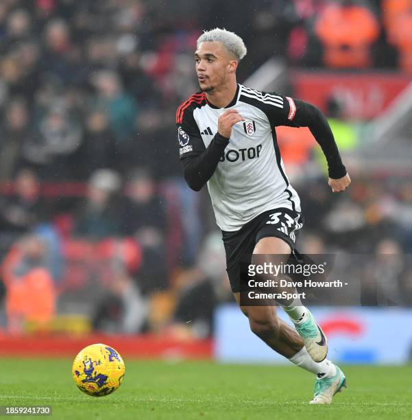 Fulham's Antonee Robinson during the Premier League match between Liverpool FC and Fulham FC at Anfield on December 3, 2023 in Liverpool, England.