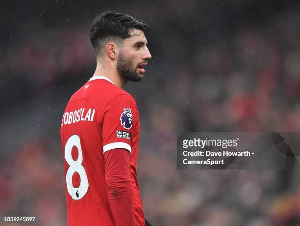 Liverpool's Dominik Szoboszlai during the Premier League match between Liverpool FC and Fulham FC at Anfield on December 3, 2023 in Liverpool,...