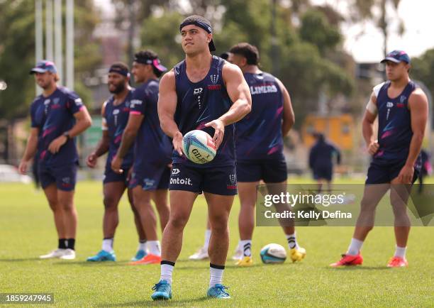 David Vaihu of the Rebels passes during a Melbourne Rebels Open Training Session at Gosch's Paddock on December 16, 2023 in Melbourne, Australia.