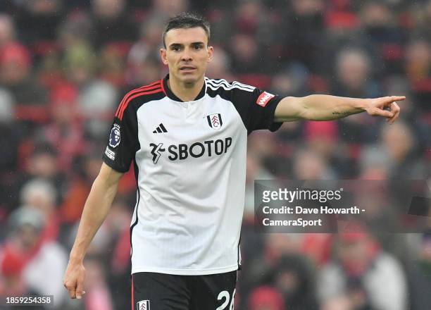 Fulham's Joao Palhinha during the Premier League match between Liverpool FC and Fulham FC at Anfield on December 3, 2023 in Liverpool, England.