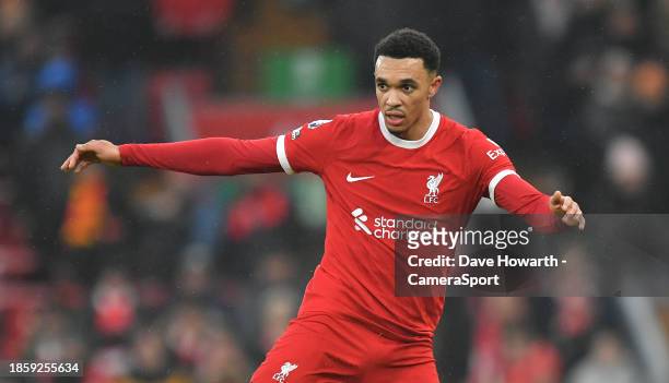 Liverpool's Trent Alexander-Arnold during the Premier League match between Liverpool FC and Fulham FC at Anfield on December 3, 2023 in Liverpool,...