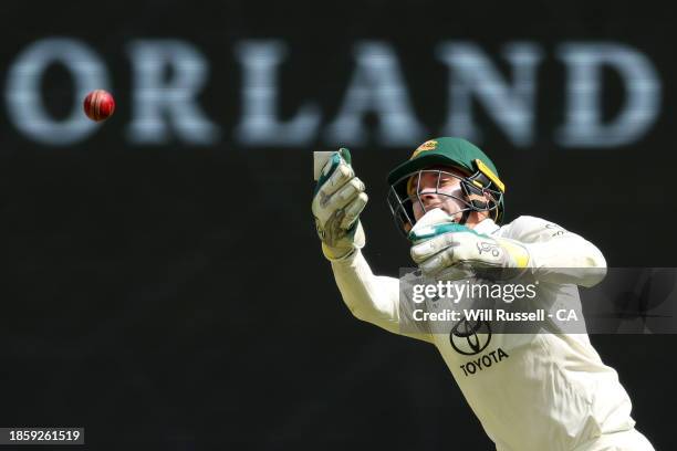 Alex Carey of Australia fields the ball during day three of the Men's First Test match between Australia and Pakistan at Optus Stadium on December...