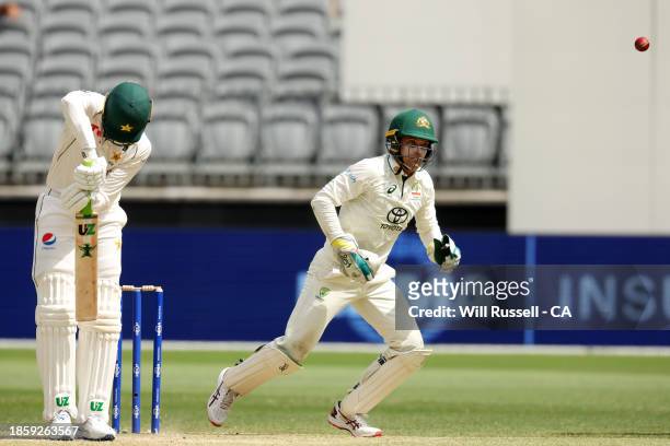 Alex Carey of Australia fields the ball during day three of the Men's First Test match between Australia and Pakistan at Optus Stadium on December...