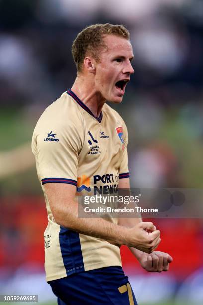 Trent Buhagiar of the Jets celebrates scoring a goal during the A-League Men round 8 match between Newcastle Jets and Perth Glory at McDonald Jones...