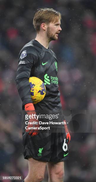 Liverpool's Caoimhin Kelleher during the Premier League match between Liverpool FC and Fulham FC at Anfield on December 3, 2023 in Liverpool, England.