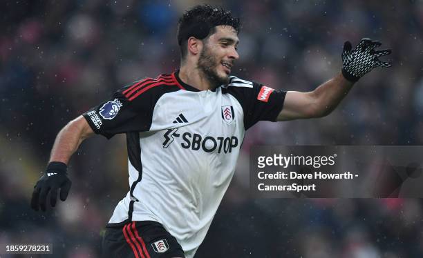 Fulham's Raul Jimenez during the Premier League match between Liverpool FC and Fulham FC at Anfield on December 3, 2023 in Liverpool, England.