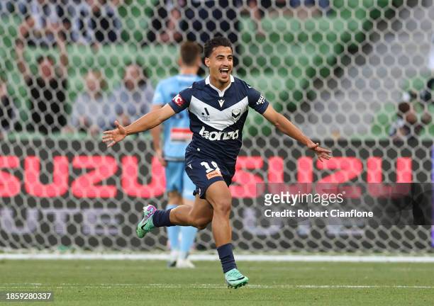 Daniel Arzani of the Victory celebrates after scoring a goal during the A-League Men round 8 match between Melbourne Victory and Sydney FC at AAMI...