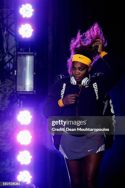 Serena Williams of the United States walks out to play against Jelena Jankovic of Serbia in their semi final match during day five of the TEB BNP...