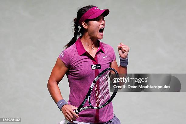 Li Na of China celebrates victory over Petra Kvitova of Czech Republic after their semi final match during day five of the TEB BNP Paribas WTA...