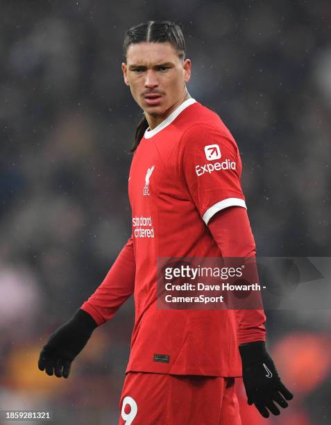 Liverpool's Darwin Nunez during the Premier League match between Liverpool FC and Fulham FC at Anfield on December 3, 2023 in Liverpool, England.
