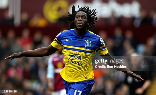 Romelu Lukaku of Everton celebrates after scoring the opening goal of the game during the Barclays Premier League match between Aston Villa and...