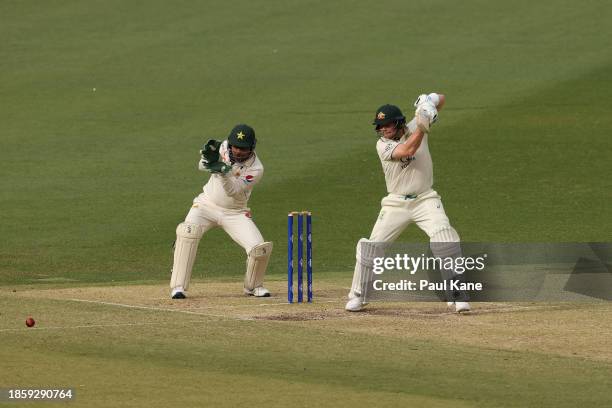 Steve Smith of Australia plays a shot during day three of the Men's First Test match between Australia and Pakistan at Optus Stadium on December 16,...