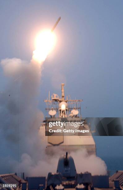 This image from the U.S. Department of Defense shows a Tomahawk missile launching against Iraq on March 20, 2003 at sea aboard the USS Bunker Hill....