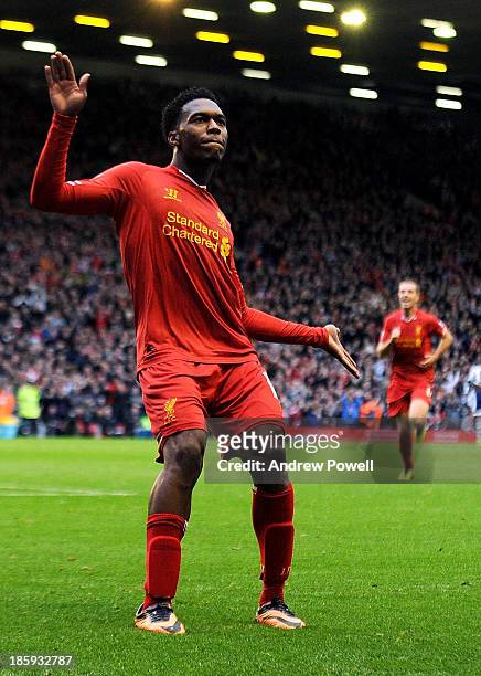 Daniel Sturridge of Liverpool celebrates his goal during the Barclays Premier League match between Liverpool and West Bromwich Albion at Anfield on...