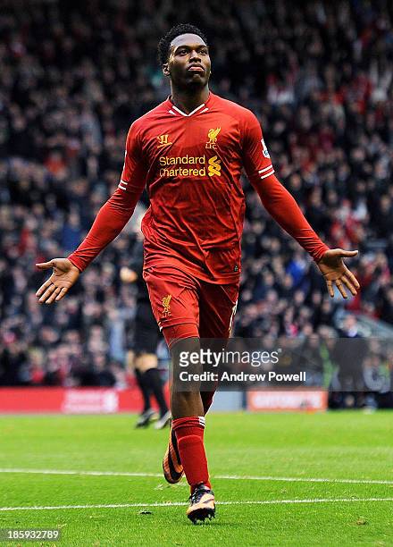 Daniel Sturridge of Liverpool celebrates his goal during the Barclays Premier League match between Liverpool and West Bromwich Albion at Anfield on...