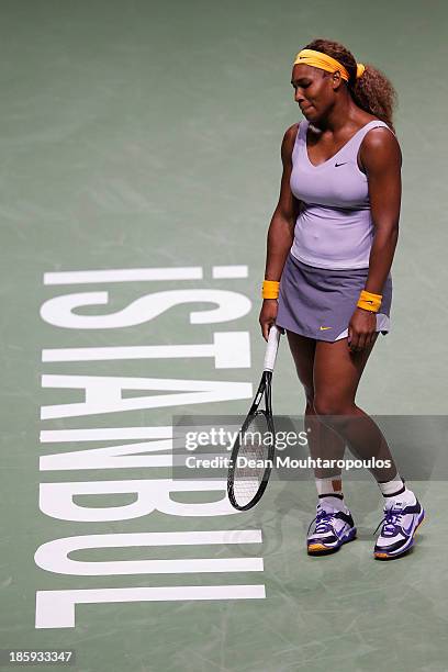 Serena Williams of the United States reacts after a missed match point against Jelena Jankovic of Serbia in their semi final match during day five of...