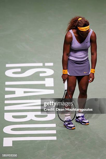 Serena Williams of the United States reacts after a missed match point against Jelena Jankovic of Serbia in their semi final match during day five of...