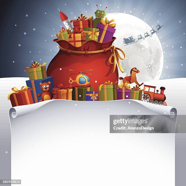 santa claus bag and list - christmas gift bag stock illustrations