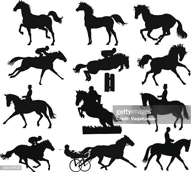 pferde silhouetten - jockey stock-grafiken, -clipart, -cartoons und -symbole