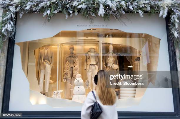 Winter-themed display in the window of the Brunello Cucinelli luxury boutique on New Bond Street in London, UK, on Monday, Dec. 18, 2023. The Office...