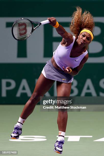 Serena Williams of the United States serves to Jelena Jankovic of Serbia during the semifinals of the TEB BNP Paribas WTA Championships at the Sinan...