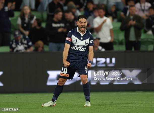 Bruno Fornaroli of the Victory celebrates after scoring a goal during the A-League Men round 8 match between Melbourne Victory and Sydney FC at AAMI...