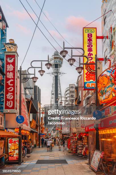 illuminated neon signs at sunset in osaka city center - japón fotografías e imágenes de stock