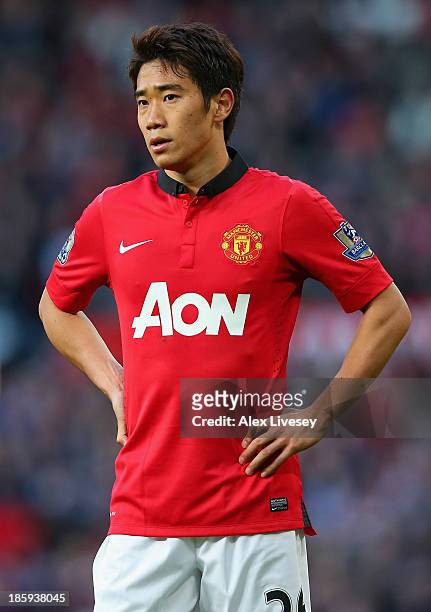 Shinji Kagawa of Manchester United looks on during the Barclays Premier League match between Manchester United and Stoke City at Old Trafford on...