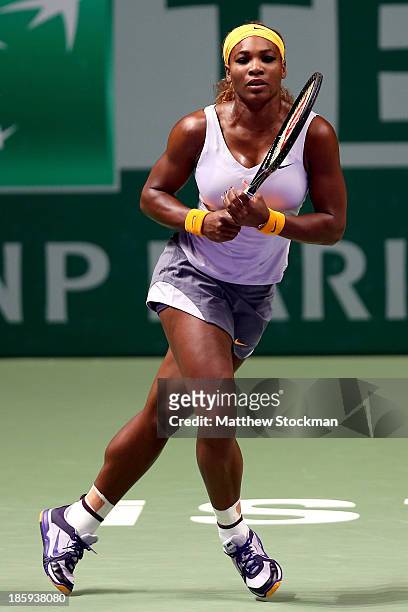 Serena Williams of the United States plays Jelena Jankovic of Serbia during the semifinals of the TEB BNP Paribas WTA Championships at the Sinan...