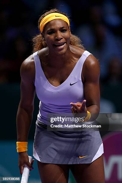 Serena Williams of the United States reacts to a lost point while playing Jelena Jankovic of Serbia during the semifinals of the TEB BNP Paribas WTA...