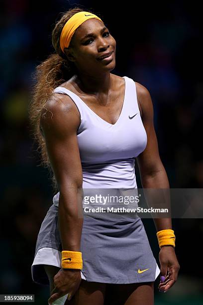 Serena Williams of the United States reacts to a lost point while playing Jelena Jankovic of Serbia during the semifinals of the TEB BNP Paribas WTA...