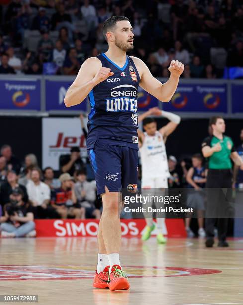 Chris Goulding of United celebrates during the round 11 NBL match between Melbourne United and Adelaide 36ers at John Cain Arena, on December 16 in...