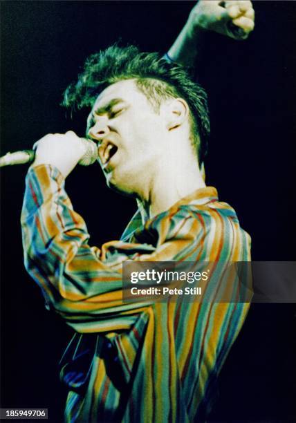 Morrissey of The Smiths performs on stage at Hammersmith Palais, on March 12th, 1984 in London, England.